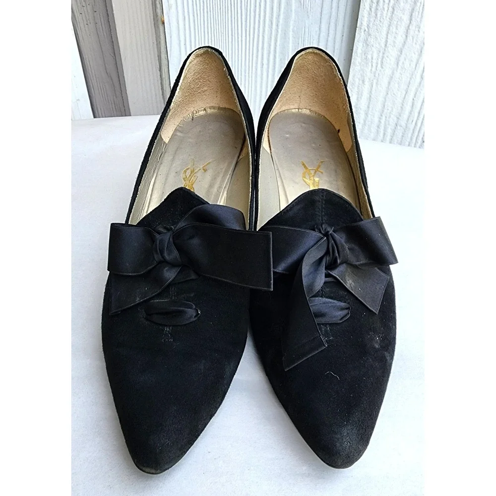 Vintage Yves Saint Laurent EU 36 *FLAW* Black Suede Bow Pumps Rive Gauche Luxury